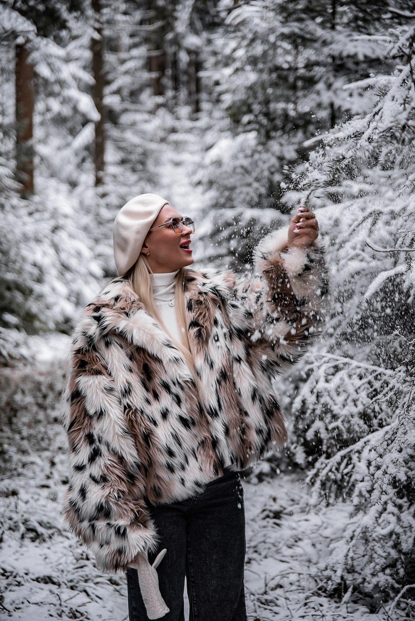 Snow Leopard Print Fur Coat