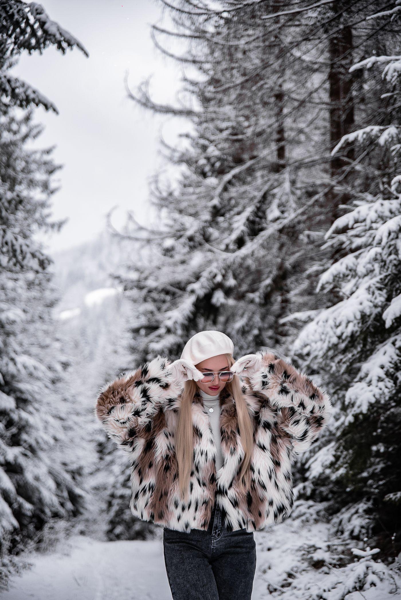 Snow Leopard Print Fur Coat
