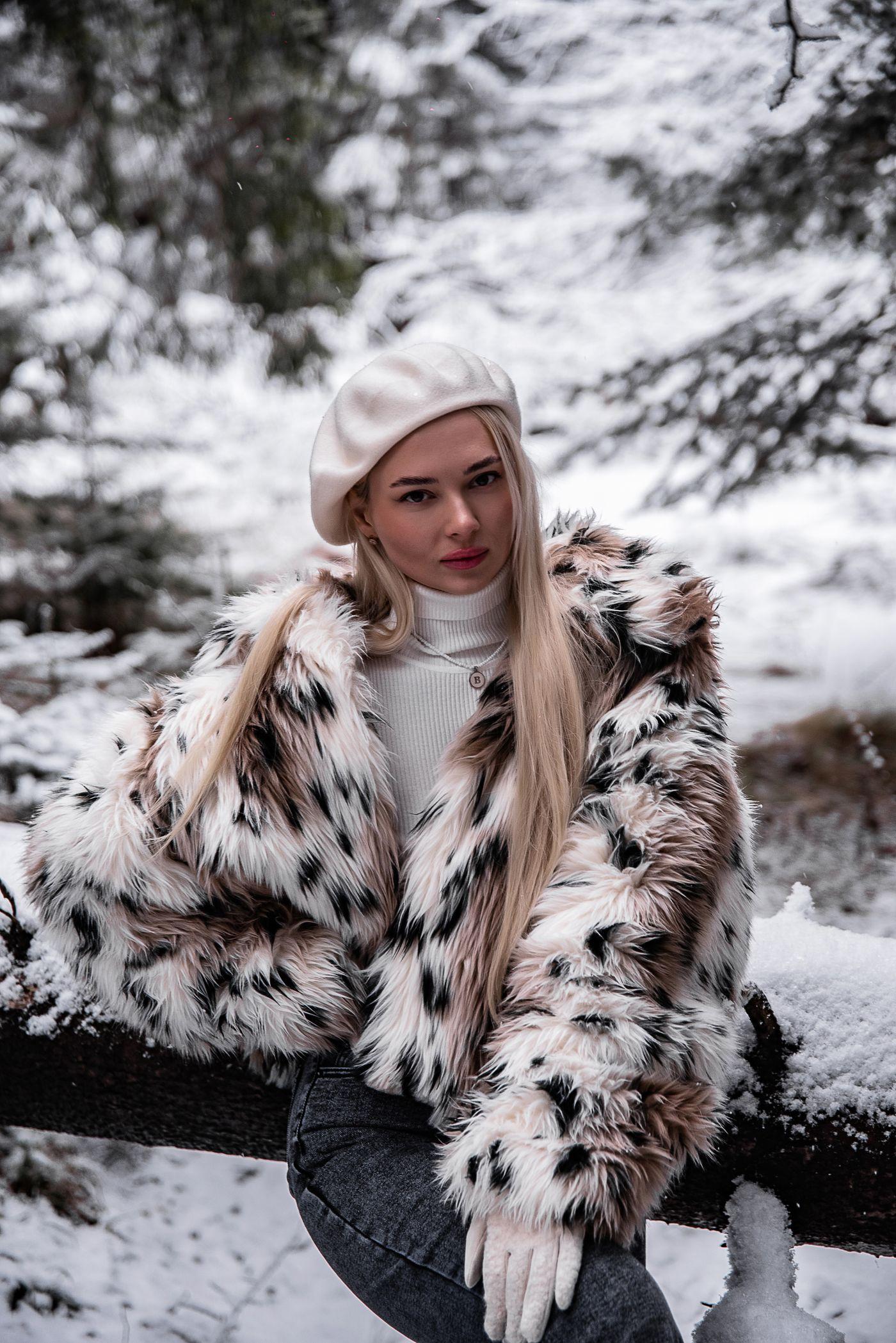 Snow Leopard Print Fur Coat